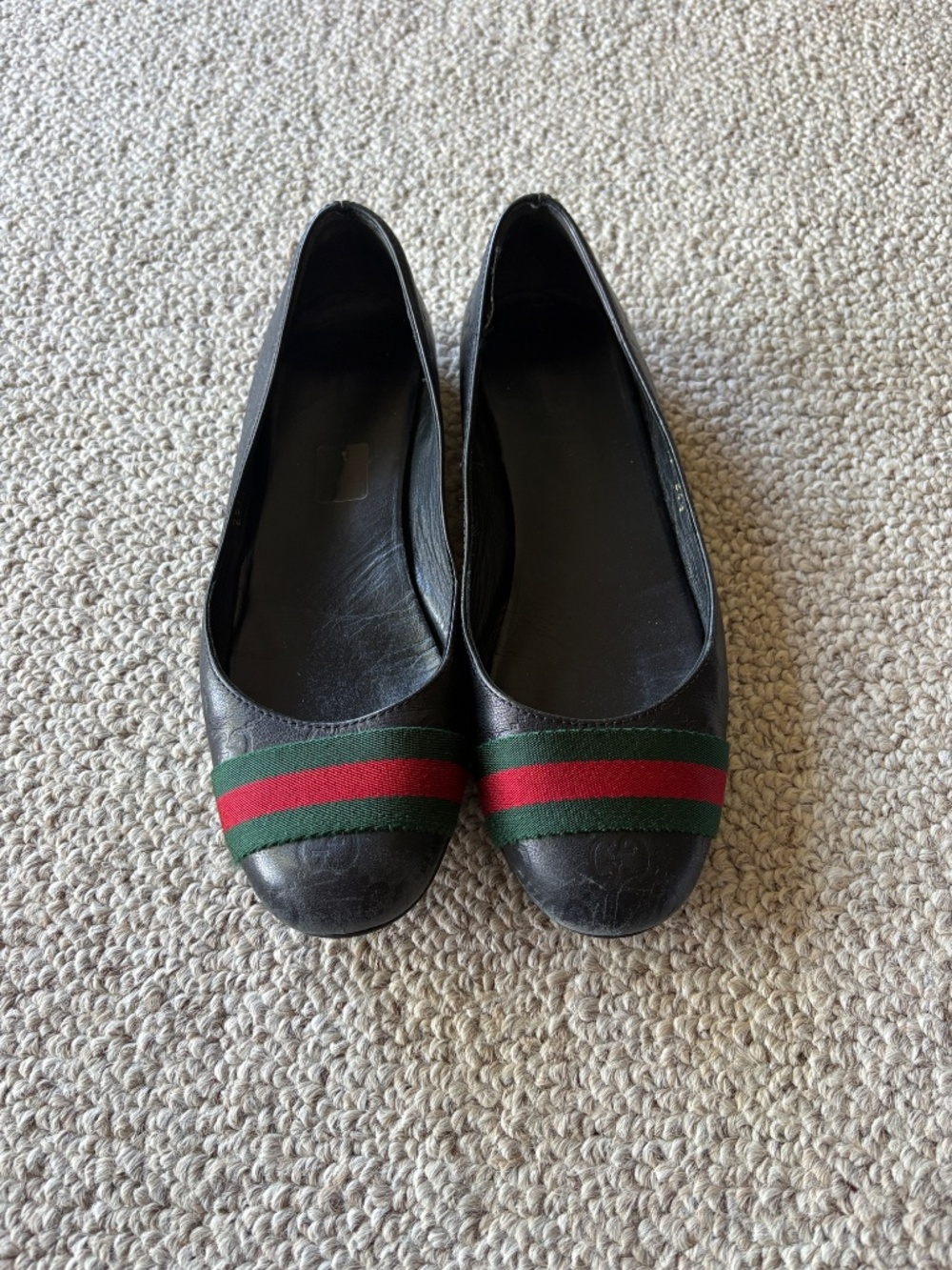 Gucci Ballet Flats 36.5 Black Leather Web Stripe w Box & Dust Bag Round Toe - Picture 2 of 10